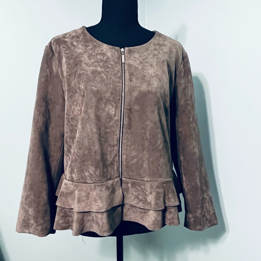 Ivanka Trump Taupe Faux Suede Peplum Ruffle Zip Up Jacket‎ Large